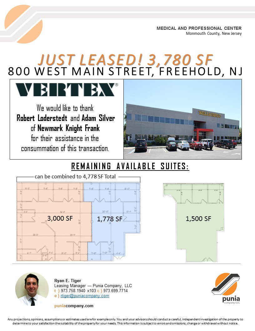 PuniaCompanyCRE's tweet photo. JUST LEASED ! 3,780 SF - @vertex_ti big thankyou to Robert Loderstedt and Adam Silver of @newmarkkf for their assistance in the consummation of this transaction. More availabilities below 👇🏻👇🏻! 
*
*
#realestate #space #commercial #newjersey #newyork #njcommercialrealestate https://t.co/E5vCi5SKpT