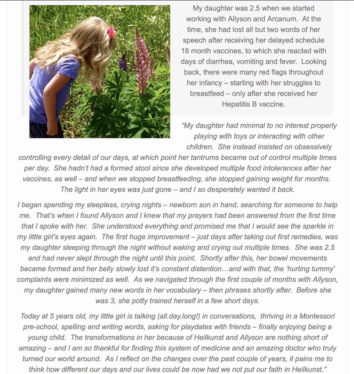 amcquinn's tweet photo. "My daughter was 2.5 when we started working with Allyson and Arcanum. At the time, she had lost all but two words of her speech..." https://t.co/ffX9aur18k
#autism #recovery #hepbvaccine #bowelmovements #gutissues #spectrumissues #vaccinedamaged #pottytrained #heilkunst https://t.co/LocfBg9kqw
