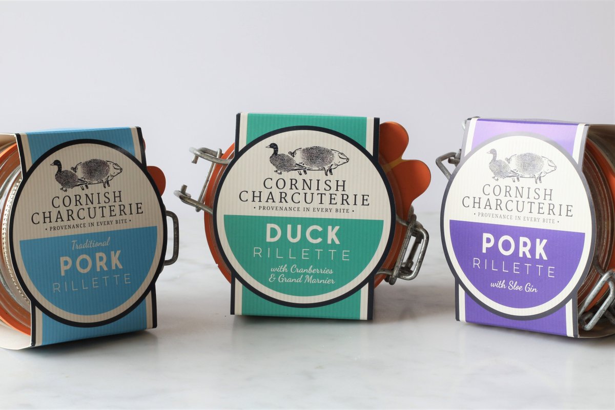 Where possible, we use our free-range home reared Cornish lop pigs in our pork rillettes and cured meats.  Our rillettes can be kept in the store cupboard and out of the fridge until opened - making them a perfect dinner for unexpected guests, or an impromptu midnight snack!