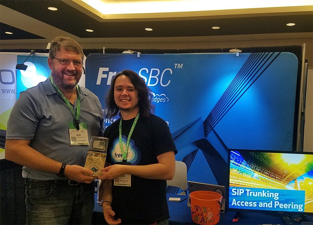 TelcoBridges's tweet photo. Congratulations Victor on winning the drawing for the GoPro from TelcoBridges @AstriCon.
Drop in and say hello at booth #301!
#AstriCon #PBX #virtualSBC #cloudSBC #nowonAWS #Astricon2018 https://t.co/KQAQ8CN3aK