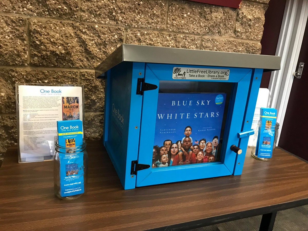 SDCEFoundation's tweet photo. We are honored to be chosen as the first "Little Free Library" host site for @OneBookOneSanDiego! Come check it out, take a book, and leave a book if you can, at our ECC campus by the Ceramics studio. #OBOSD https://t.co/i9TDmCEePG