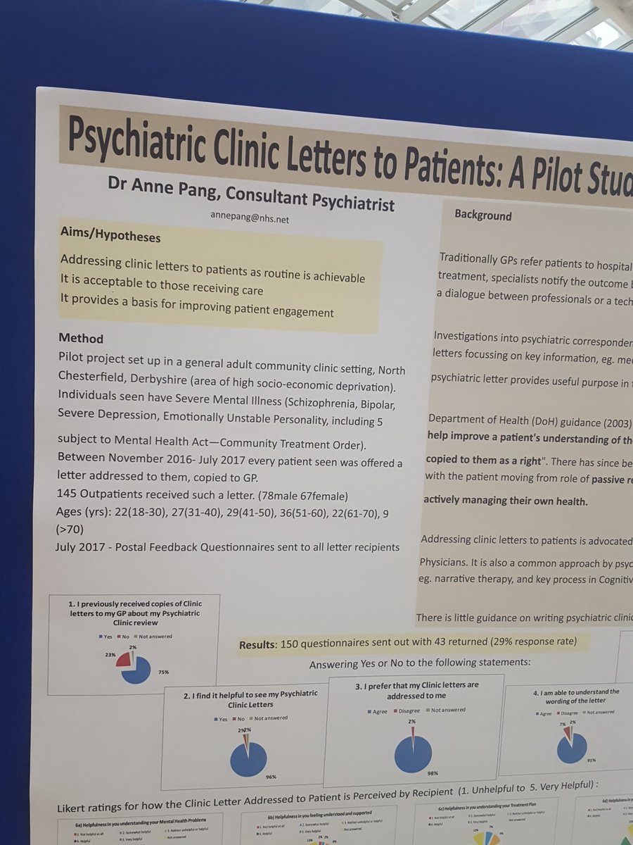 What a great poster showing how we can change practice by writing clinic letters directly to patients. 43 returned the survey, almost all 98% said they preferred it. Perhaps a QI project for @westlondonnhs #GAPsych2018
