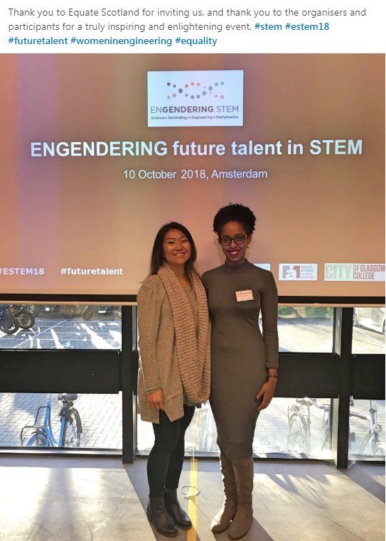 EquateScotland's tweet photo. Great to see Elizabeth and Esther, who joined the Equate Team as our guests at #ESTEM18, enjoying their time in Amsterdam, representing the brilliant women in STEM in Scotland. https://t.co/ZFg3t6A82i