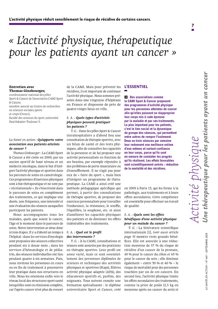 SportetCancer's tweet photo. Retrouvez l'#expertise de Thomas Ginsbourger, coordonnateur des Pôles Sport &amp; Cancer de la CAMI dans un article intéressant paru dans le numéro de Septembre du magazine La Santé en Action : "L'activité physique, #thérapeutique pour les patients ayant un #cancer" https://t.co/Ipg4yJHsGg