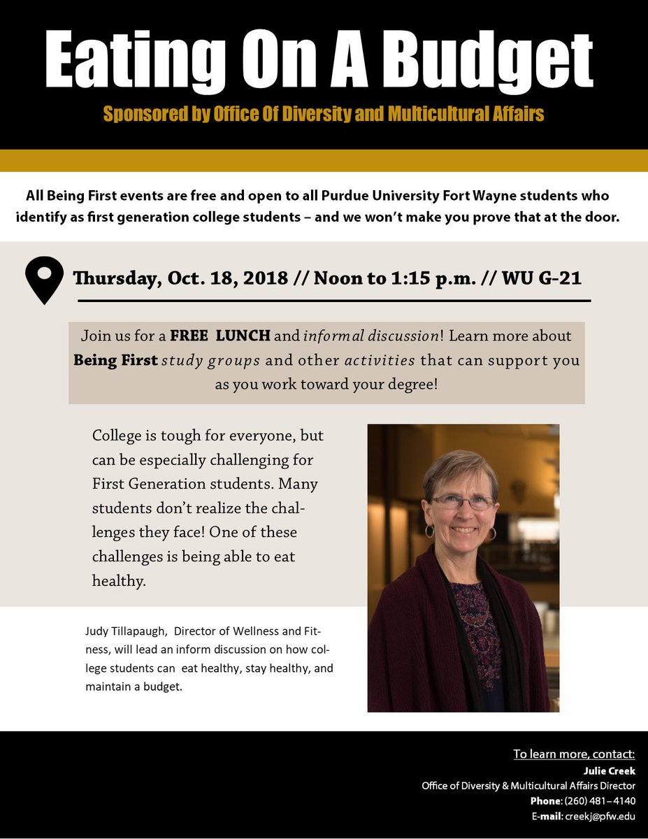 Thursday, October. 18, 2018. Judy Tillapaugh, Director of wellness and  Fitness, will lead an inform discussion on how college students can  eat healthy, stay healthy, and maintain a budget. The Event will be located in Walb Union G-21 from 12-1:15.