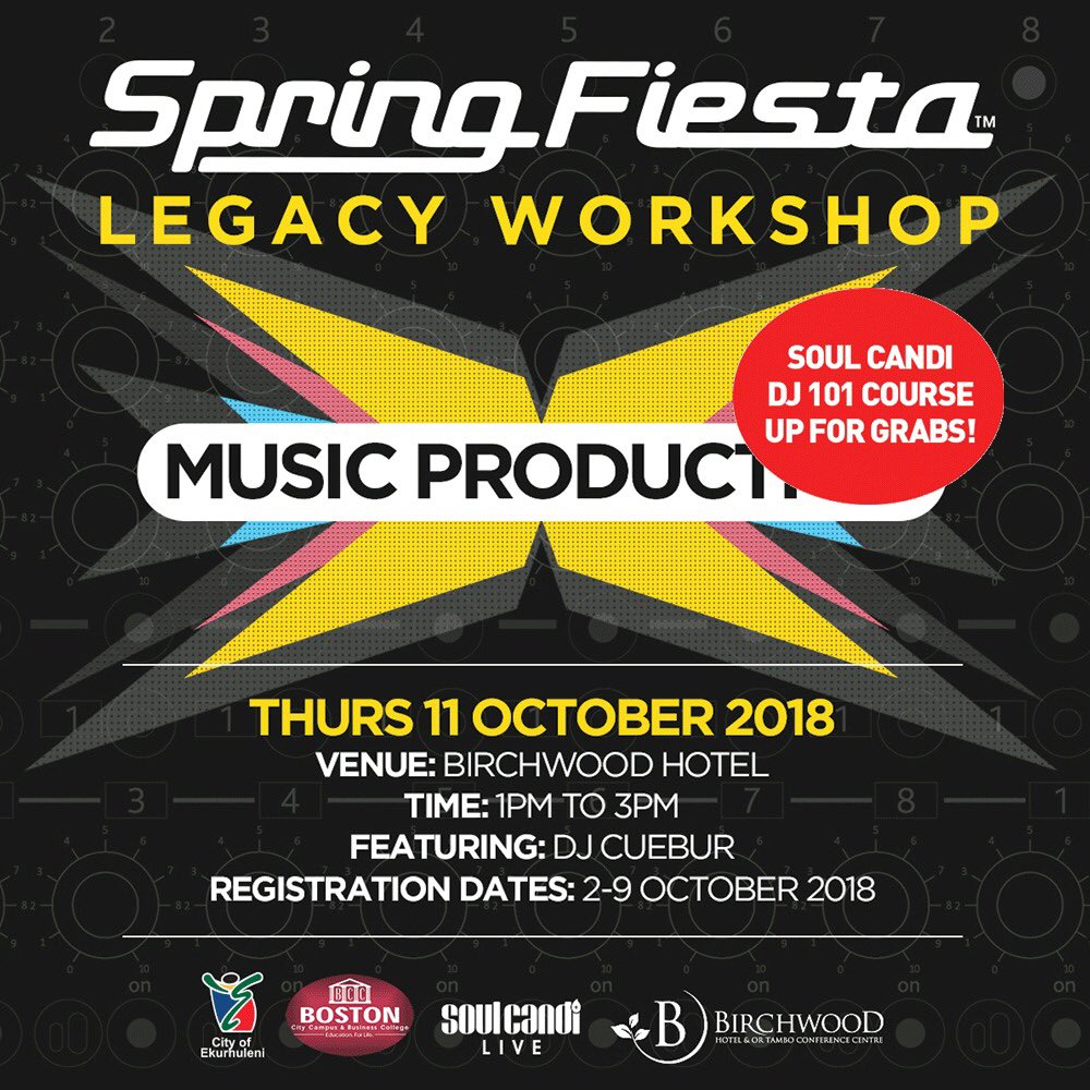 CliveKman's tweet photo. #SpringFiesta2018 workshop tomorrow at Birchwood Hotel, Ekurhuleni. #SF18WorkShop brought to you by @SpringFiestaSA @SoulCandi with mentors @BokkieultDJ and @DJsoosh for DJ102 and @Lady_Zamar @TshepiKg and Maria Moropana for Women in Music Workshop. https://t.co/NTGJIMdUhY