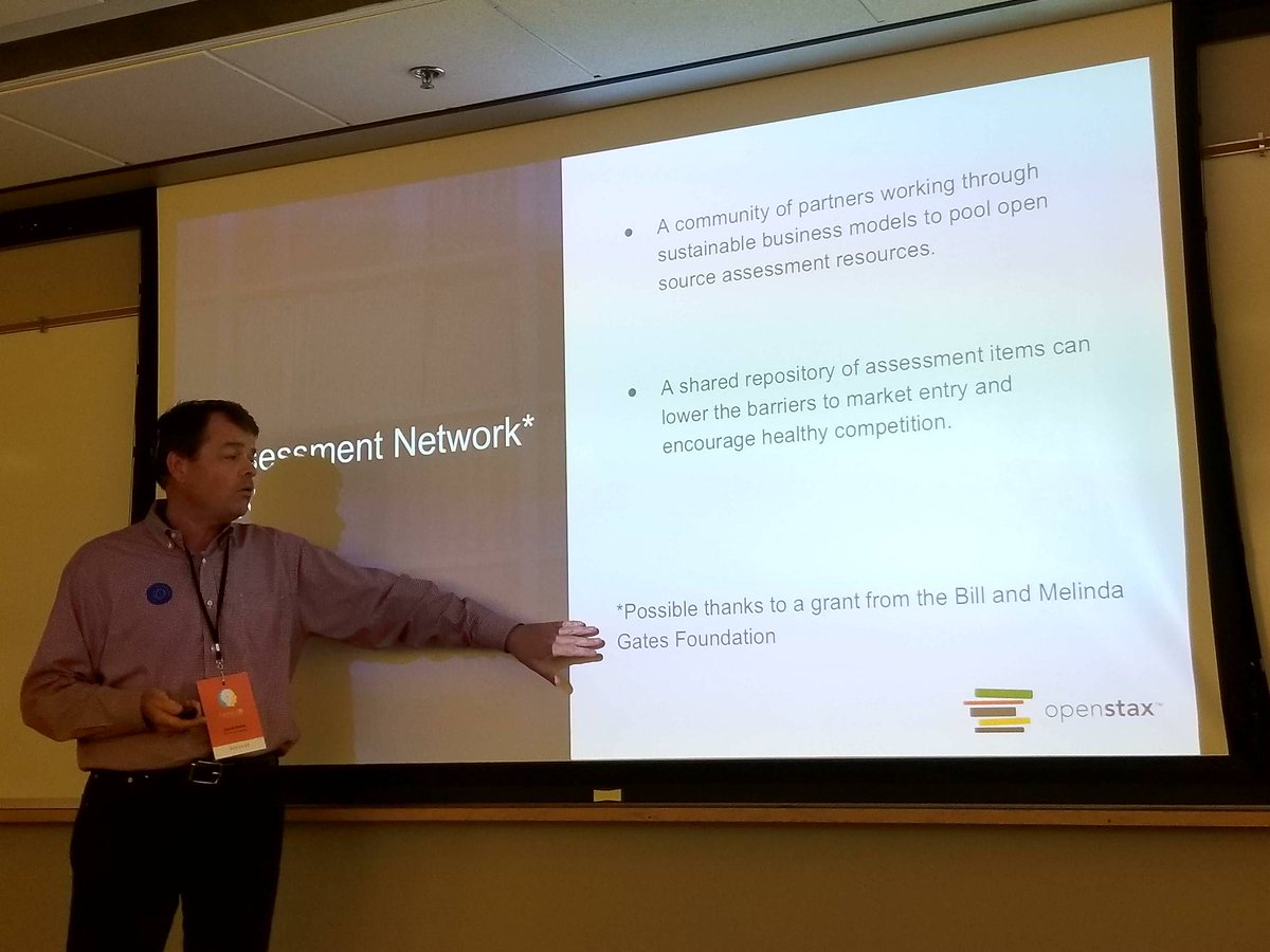 OpenStax's tweet image. David Harris @OERDavidHarris is discussing strategies and possibilities for our assessment network project at #OpenEd18.