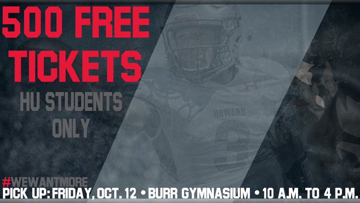 HowardU's tweet image. This Saturday, @HUBISONFOOTBALL has it first home game. 🏈❤️💙 
Bring your student ID to get your free ticket from Burr Gymnasium on Friday 10am-4pm. 
#WeWantMore #MissionPossible2