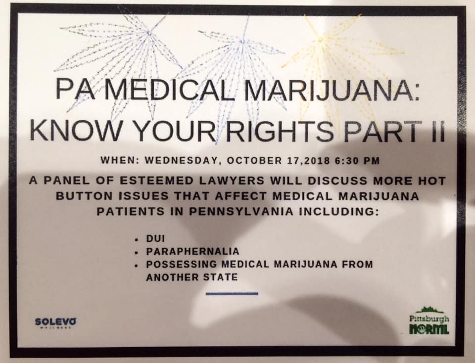 clspgh's tweet photo. We are happy to sponsor the panel of experts for Know Your Rights Part 2 next Wednesday at @SolevoWellness with @pghNORML! This is a FREE event. Please SHARE! #CannabisLaw #Legalize #FreeTheLeaf https://t.co/IAyYUV3QHb