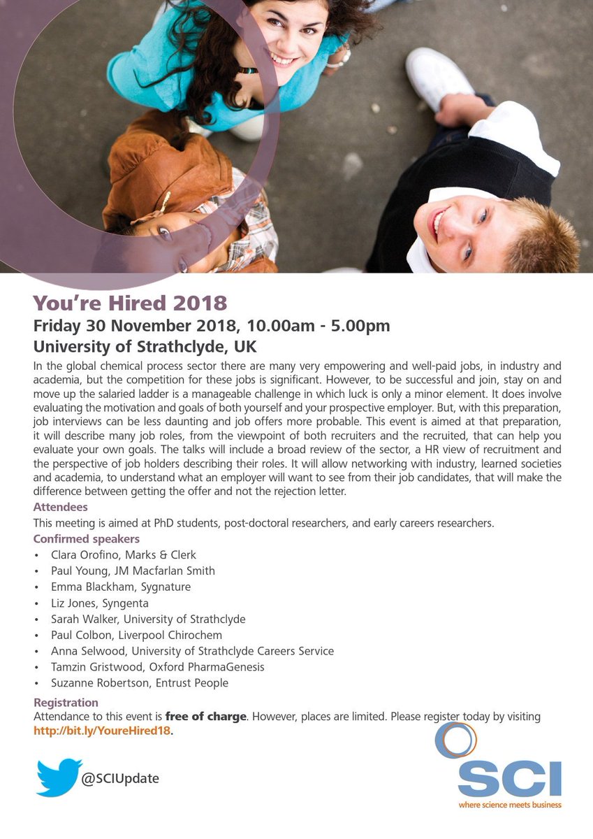 DrIfeBolaji's tweet photo. #YoureHired 2018 is aimed at preparing #PhD students, #postdoctoral researchers, and early careers researchers for successful job interviews in both the industry and academia. November 2018, 10.00am - 5.00pm University of Strathclyde, UK #SCIUpdate #SCI #phDforum #sciencecareers https://t.co/guoadaYSJe