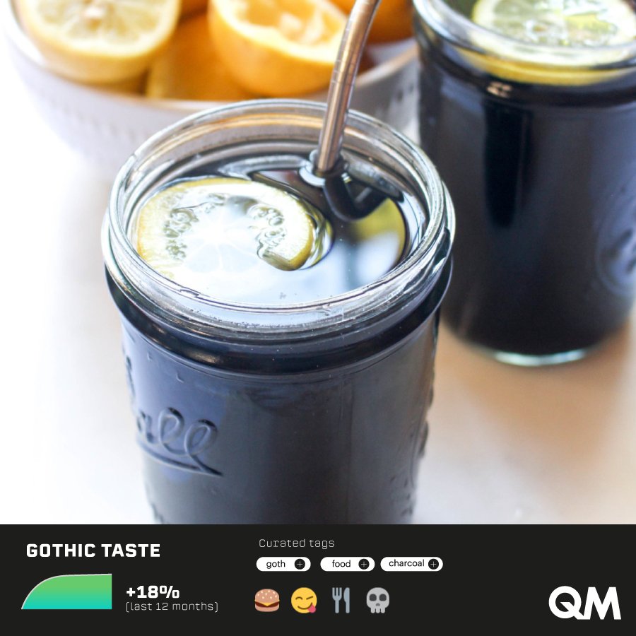 QM_QuestionMark's tweet photo. Il #nero è il protagonista dei cibi colorati ⚫ 
Un trend che va di pari passo con la popolarità dei cibi amari e l’uso del #carboneattivo. 

Le tonalità scure connotato il legame del #cibo con la #terra e ispirano inediti #abbinamenti di colore 🍔🍸

#QMTrends #QuestionMark https://t.co/hRRZ32lCBR
