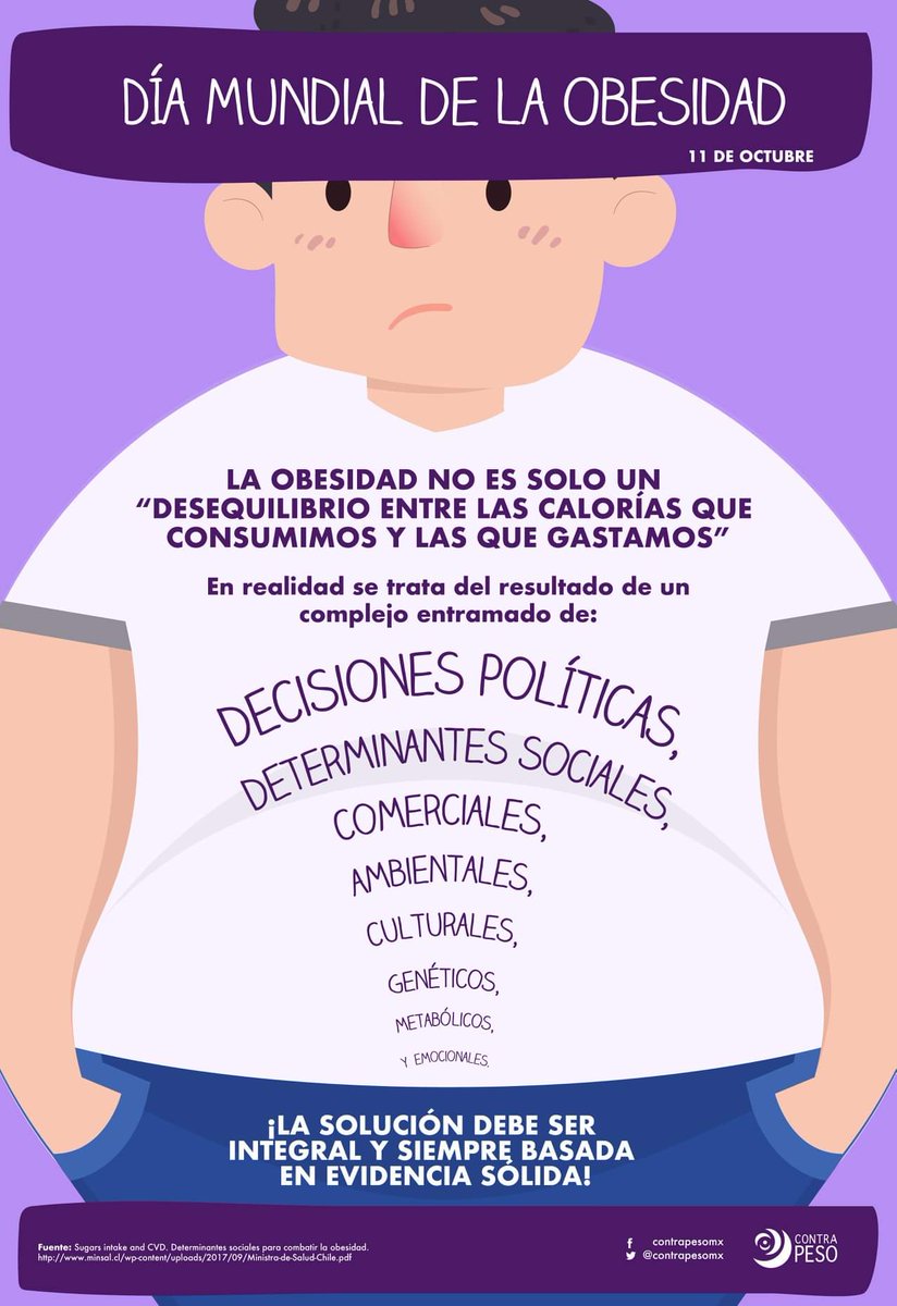 Contrapesomx's tweet photo. Hoy es el #DíaMundialDeLaObesidad #WorldObesityDay 
Derribar el discurso reduccionista que dicta que esta enfermedad es únicamente el resultado del desbalance calórico (y deja fuera todos los determinantes que la rodean) es necesario para eliminar el estigma y apoyar a pacientes! https://t.co/0NXEG2Sbij
