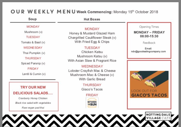 NDVCafe's tweet image. Menu for next week guys! #cheflife #LONDONfood