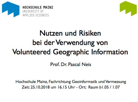 pascal_n's tweet photo. Meine Antrittsvorlesung: "Nutzen und Risiken bei der Verwendung von Volunteered Geographic Information" am 25.10.2018 -> Jeder ist recht herzlich willkommen! @HS_Mainz @i3mainz #OpenStreetMap https://t.co/XvtGAST32d https://t.co/zBDDpzSgeI