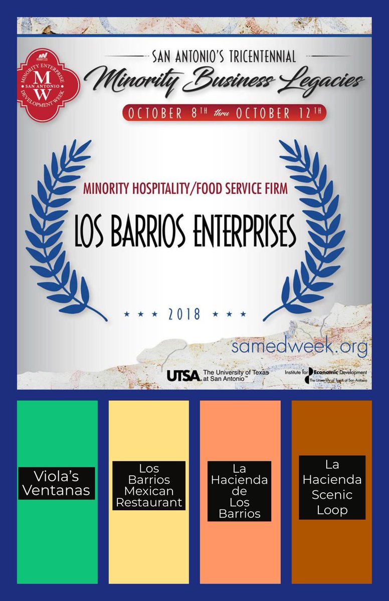 ViolasVentanas's tweet photo. The San Antonio Minority Business Development Agency will be giving Los Barrios Enterprises the "Minority Hospitality/Food Service Firm of the Year Award" today! #SAMedWeek2018 #MBE @USMBDA @SanAntonioMBDA @EconDevUTSA https://t.co/MHh0V4iSSW