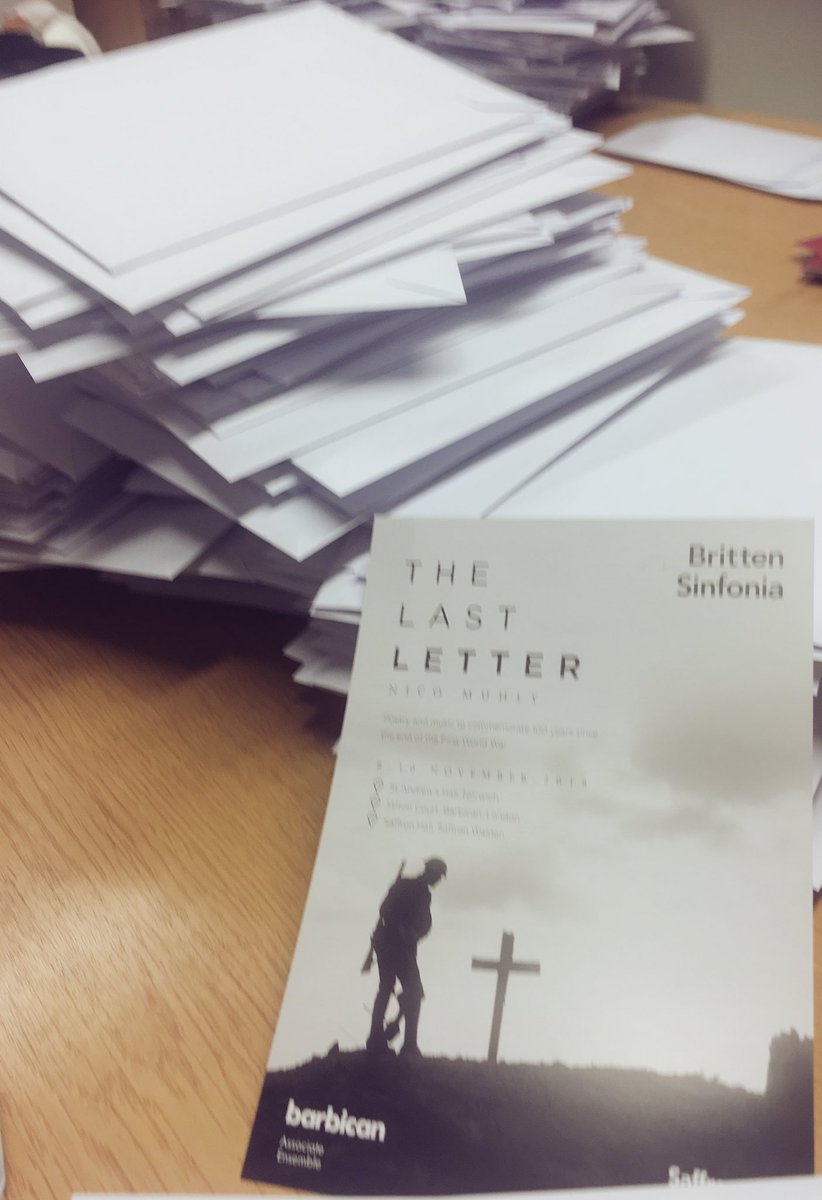 Tara_RachelHill's tweet photo. The irony of putting ‘The Last Letter’ flyers into envelopes all day... @nicomuhly @artsadminssay gon’ be good though 😉 well worth it!! https://t.co/oRE7q1Thg1 #longday #warcentenary #newmusic https://t.co/1CJDTgsI66