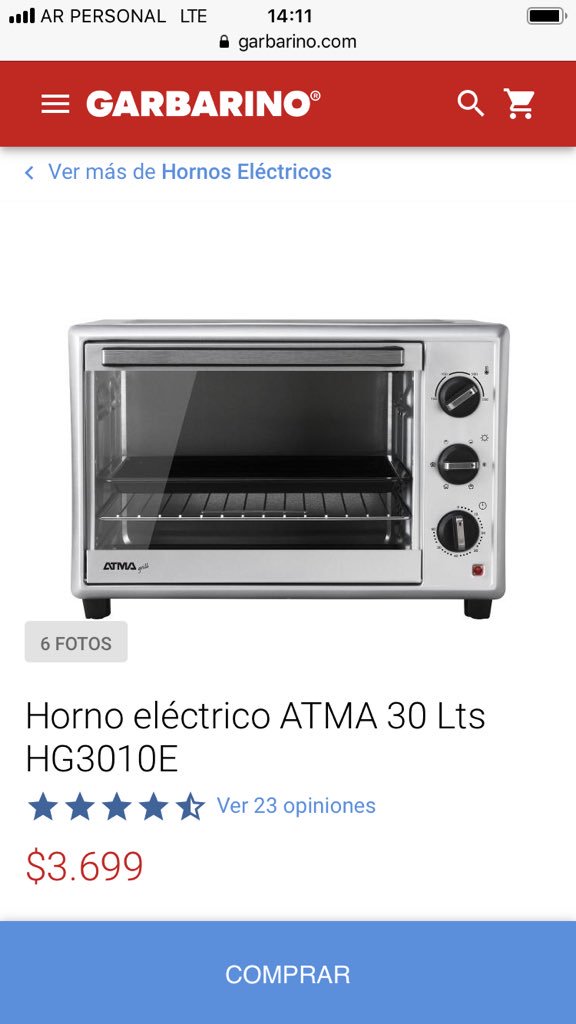 Oferta Horno Electrico Grill Atma Hg2010 20 Litros 1200w en Otero