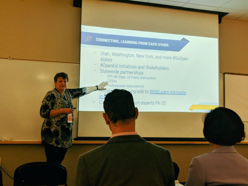 sbehmer's tweet image. The passion and dedication for the #GoOpen work is amazing. Appreciate hearing the journey Wisconsin is on from @KayeHenrickson Looking forward to collaborating and learning with you! #OpenEd18 #gwaea