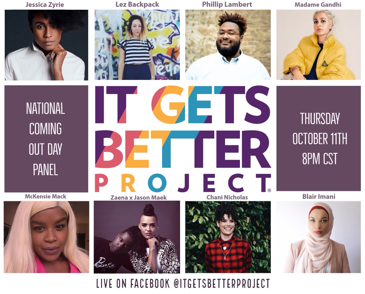 lezbackpack's tweet photo. So excited to be a part of this amazing panel for #NationalComingOutDay with the @ItGetsBetter Project. Stay tuned for the live stream at 8pm CST. https://t.co/10X1bkZKAK