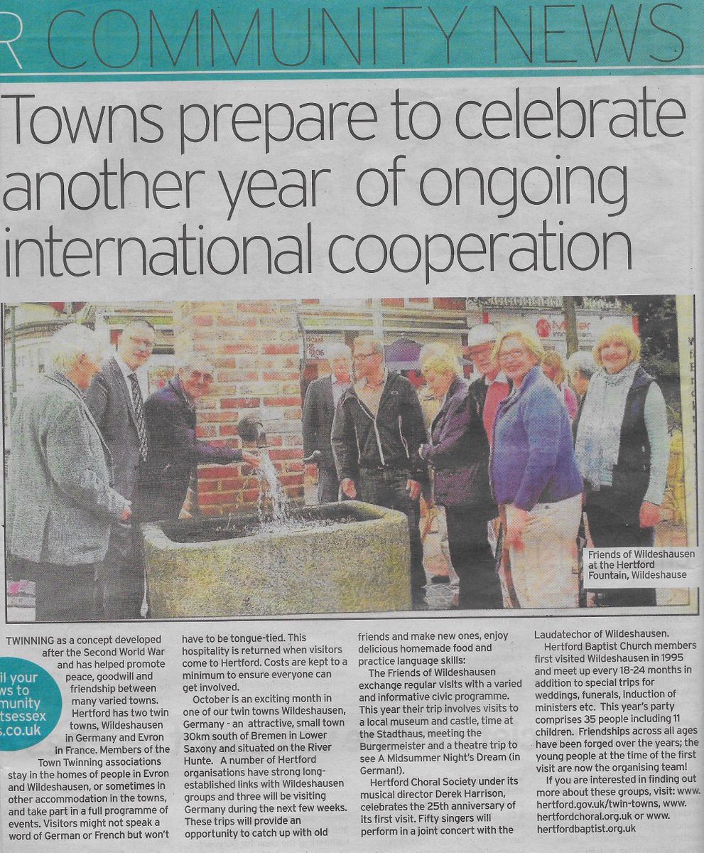 BIG thanks <a href="/HertsMercury/">Herts Live</a> for super piece in this week's paper on #twinning and various #Hertford visits to #Wildeshausen.  We shall be off soon to share some great #singing with many friends in Germany <a href="/HertfordArts/">Hertford Arts</a> <a href="/bobfm/">Hertfordshire</a> <a href="/HertfordTC/">Hertford Town Council</a>