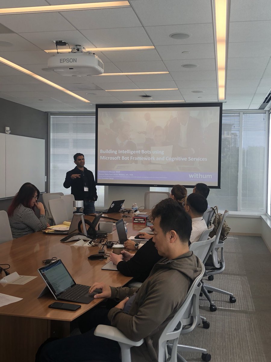 WithumDigital's tweet photo. We’re live from #AzureDataFest in Reston! @pgbhoyar is covering building intelligent #bots using Microsoft Bot Framework &amp; Cognitive Services. #ai https://t.co/SbdIxMhlJl