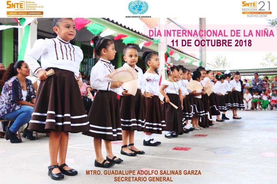 "Día Internacional de la Niña"
11 de Octubre <a href="/SnteNacional/">SNTE Nacional</a>  <a href="/SNTE21/">SNTE21</a>  <a href="/sntejovennac/">SNTE Joven Nacional</a> <a href="/GpeSalinas/">Gpe. Salinas</a>  <a href="/MendivilZazueta/">José Mendivil</a>  <a href="/jfmc700911/">Paco Mtz</a>  <a href="/Ivan29RV/">Ivan Rivas</a> <a href="/maestroTVSNTE/">Maestro TV</a>  <a href="/JDiazDeLaTorre/">Juan Díaz de la Torre</a>