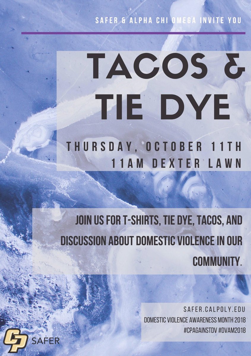 AXOCalPoly's tweet image. Stop by our booth with SAFER on Dexter Lawn today to join the discussion about domestic violence in our community 💜
