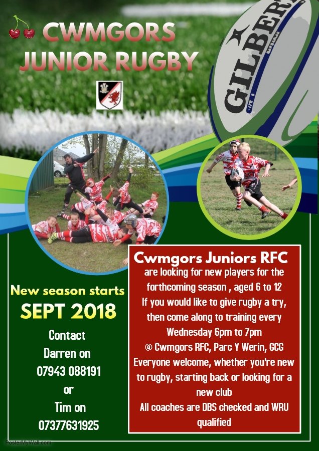 All boys and girls age 6+ welcome  come and join us Wednesday evenings at 6pm <a href="/CommunityOsprey/">Ospreys in the Community</a> <a href="/YsgolGCG/">Ysgol Gymraeg Gwaun Cae Gurwen</a> <a href="/YsgolYBedol/">Ysgol y Bedol</a> <a href="/CwmgorsRFC/">Clwb Rygbi Cwmgors</a>
