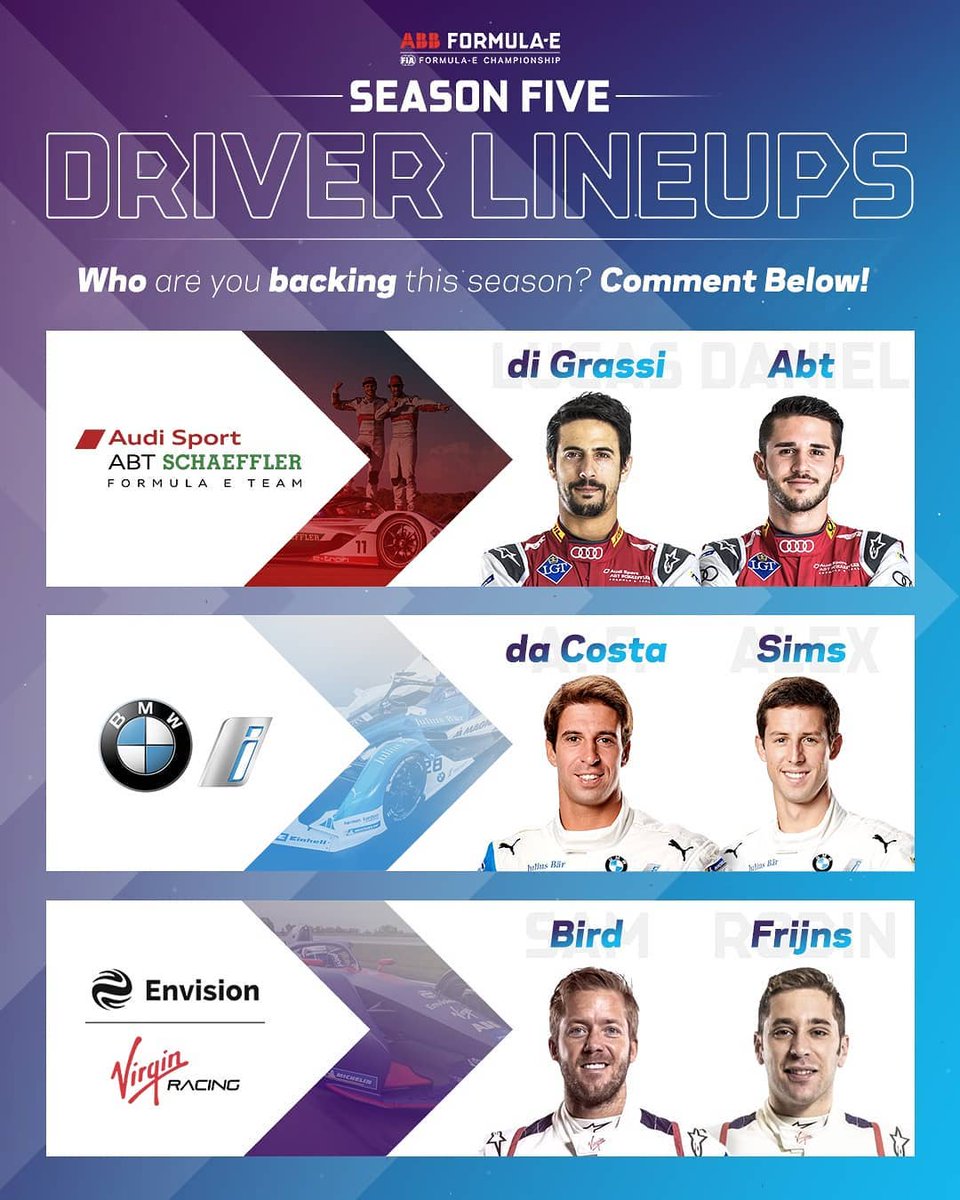 remco_v_eldik's tweet photo. Every driver confirmed so far for @FIAFormulaE Season 5...
#diGrassi - #Abt
#deCosta - #Sims
#Bird - #Frijns
#Buemi - #Albon
#Piquet - #Evans
#Vergne - #Lotterer
#Massa - #Mortara
#Lopez - #
#Paffet - #
  #          - #
#Turvey - #Dillmann
#ABBFormulaE #racing #motorsport #driver https://t.co/zPmgi7c7MF