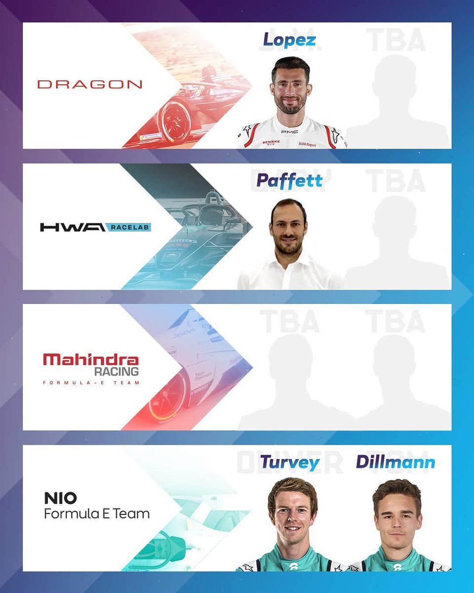 remco_v_eldik's tweet photo. Every driver confirmed so far for @FIAFormulaE Season 5...
#diGrassi - #Abt
#deCosta - #Sims
#Bird - #Frijns
#Buemi - #Albon
#Piquet - #Evans
#Vergne - #Lotterer
#Massa - #Mortara
#Lopez - #
#Paffet - #
  #          - #
#Turvey - #Dillmann
#ABBFormulaE #racing #motorsport #driver https://t.co/zPmgi7c7MF