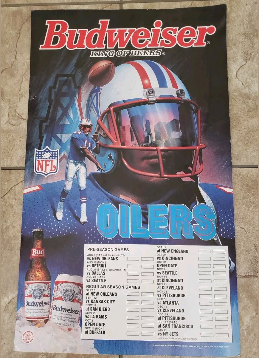 HelmetAddict's tweet image. I really like this 1993 Houston Oilers schedule poster. Little more than I'd spend for one, though. Plus, I'm fresh out of wall space.