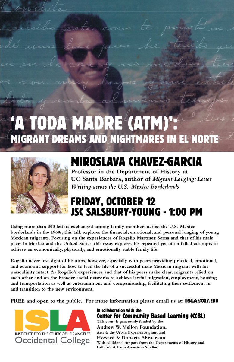 OxyISLA's tweet photo. Miroslava Chávez-García of @UCSBHistory will be joining us here at @Occidental tmrw. Fri | 10/12 at 1pm for a discussion of her new book, Migrant Longing from @uncpressblog! Free and open to all JSC Salsbury-Young #nela #History #immigration https://t.co/DLYtRERx6u
