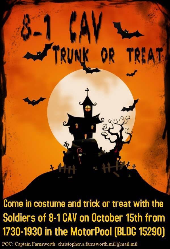 8_1Cav's tweet photo. Come join us for Trunk or Treat! @lancer_brigade 🧟‍♂️🧙‍♂️🧙‍♀️🧛‍♀️🧟‍♀️🧛‍♂️🎃 https://t.co/LTZlvDllWP