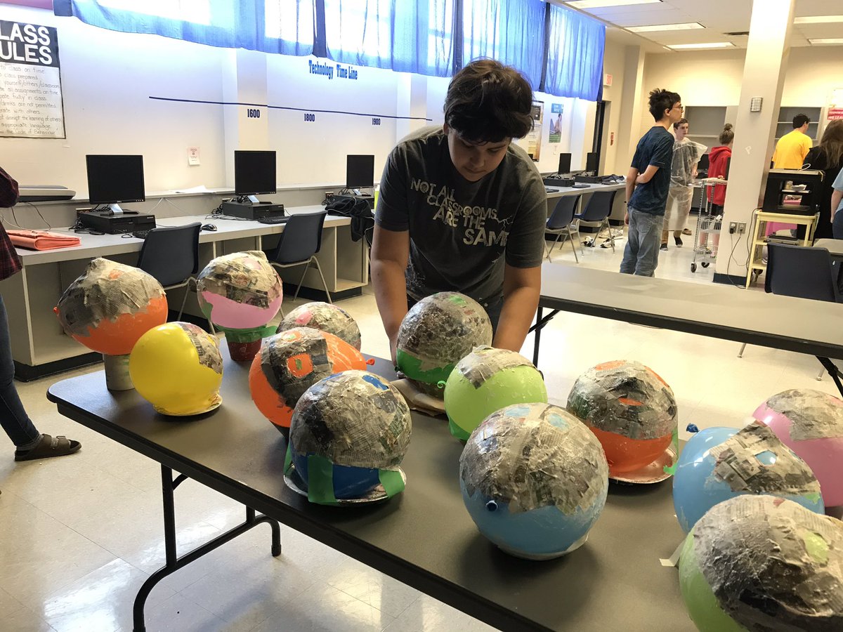 BishopSmithCH's tweet photo. Some members of Ms. Laabs Gr 10 Drama class working on their paper mache masks. Looks like fun! https://t.co/2JToL2fhzw