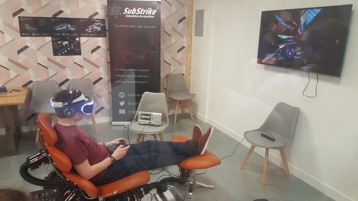 OggaDoon's tweet photo. Actually incredible! Check out @substrikexyz; they've created this amazing body-bass seat which they've hooked up to Wipeout - our hearts are racing!!! #haptics https://t.co/O3hj9Q4BqZ