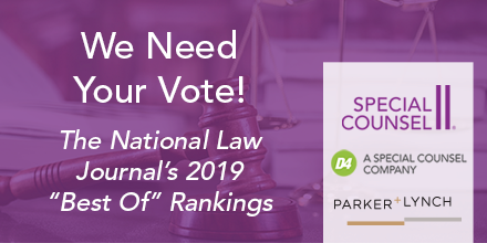 Have you heard? We've been nominated in the <a href="/TheNLJ/">National Law Journal</a> Best of 2019! Skip ahead and vote for us on questions 19, 23, 25, 73, 74 and 75! goo.gl/RAbMk2 <a href="/SpecialCounsel/">SpecialCounsel</a> <a href="/ParkerLynch/">Parker + Lynch</a>