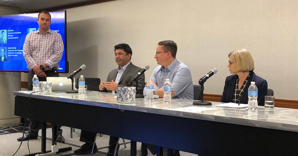 Brightidea's tweet photo. A panel of our expert clients from @Black_Veatch, @LockheedMartin and @RichlandTwo are discussing the frameworks they use to achieve success in their innovation labs. #SYN18 https://t.co/CNxQ56Tkor