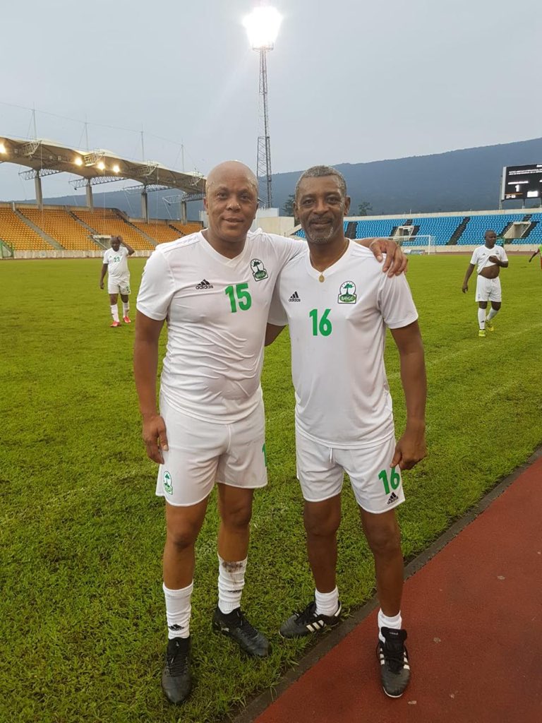 Soccer_Laduma's tweet photo. Doctor Khumalo and Mark Fish travelled to Equatorial Guinea to participate in a friendly Africa All Stars match to commemorate the country’s 50 years of independence. https://t.co/8mlsDSIZOV