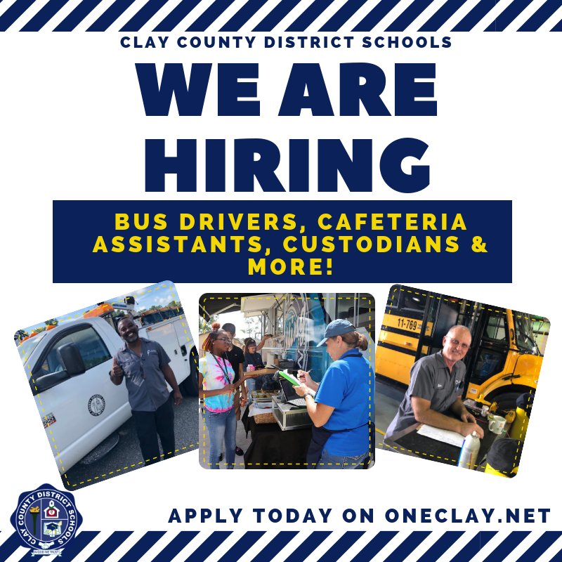 Are you interested in working for Clay County District Schools? Click the links below to read about our open positions. Apply today online!
Open Support Positions: goo.gl/CKXb25
Online Application: goo.gl/S3S5dY
Job Descriptions: goo.gl/S8rfU5