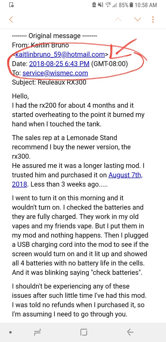 kaiteekatt's tweet photo. Just a heads up to everyone this brand is as scammy as they come @WismecGlobal 
I emailed them less than three weeks after I bought my mod on August 7th, got no response so a little over a month later I emailed again. https://t.co/bCaTaNohCk
