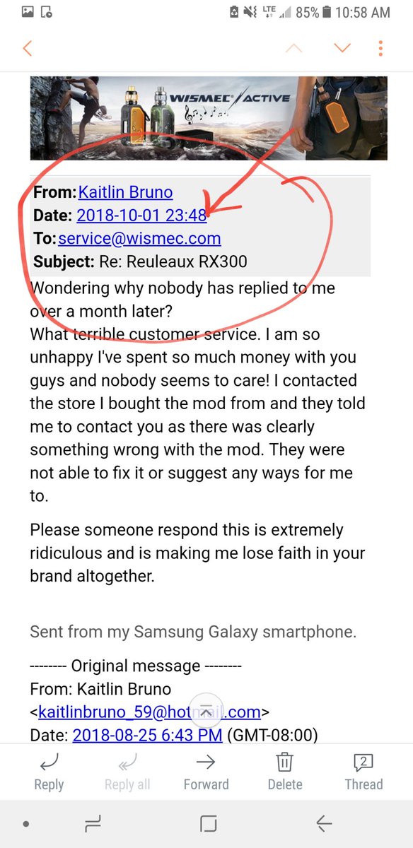 kaiteekatt's tweet photo. Just a heads up to everyone this brand is as scammy as they come @WismecGlobal 
I emailed them less than three weeks after I bought my mod on August 7th, got no response so a little over a month later I emailed again. https://t.co/bCaTaNohCk