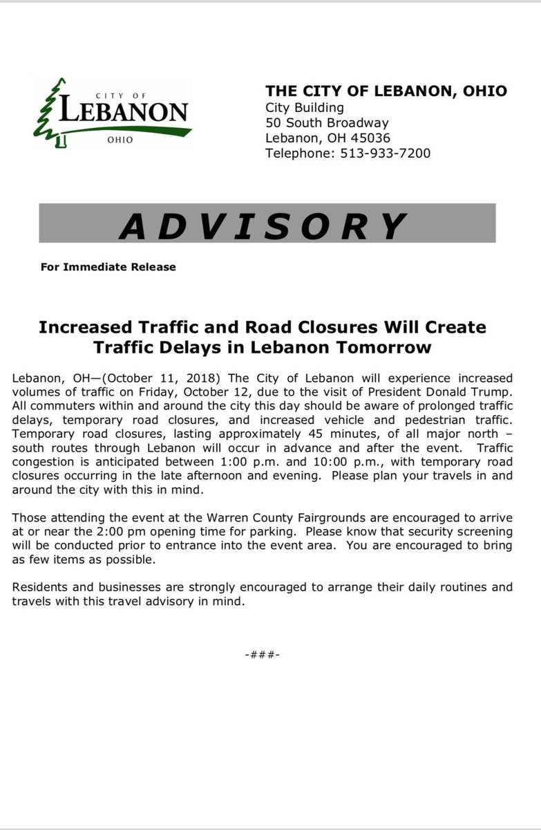 TRAFFIC ADVISORY: Increased traffic and road closures will create traffic delays in Lebanon (OH) on 10/12/18.