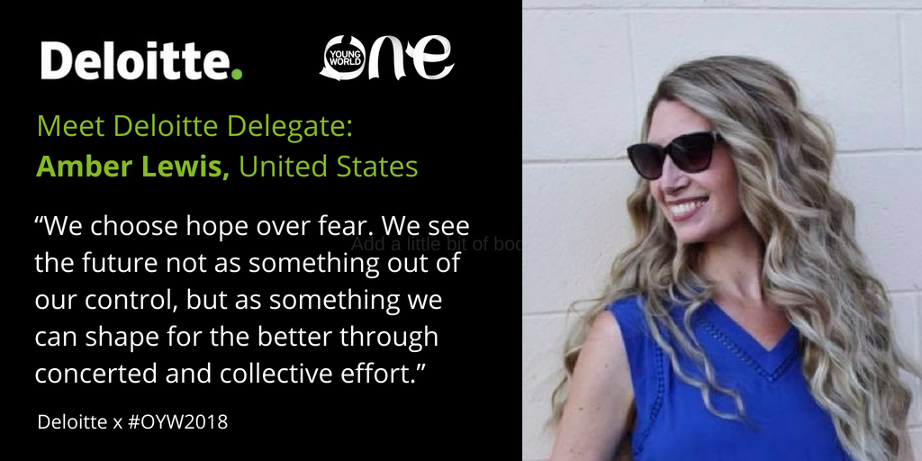 Deloitte's tweet photo. The road to #OYW2018: Meet Amber Lewis, representing @DeloitteUS. As a mother of young children, education is a top-of-mind issue for her. She is focused on the need for equal access to and high quality education for all. @OneYoungWorld https://t.co/QZ2r0c77mR