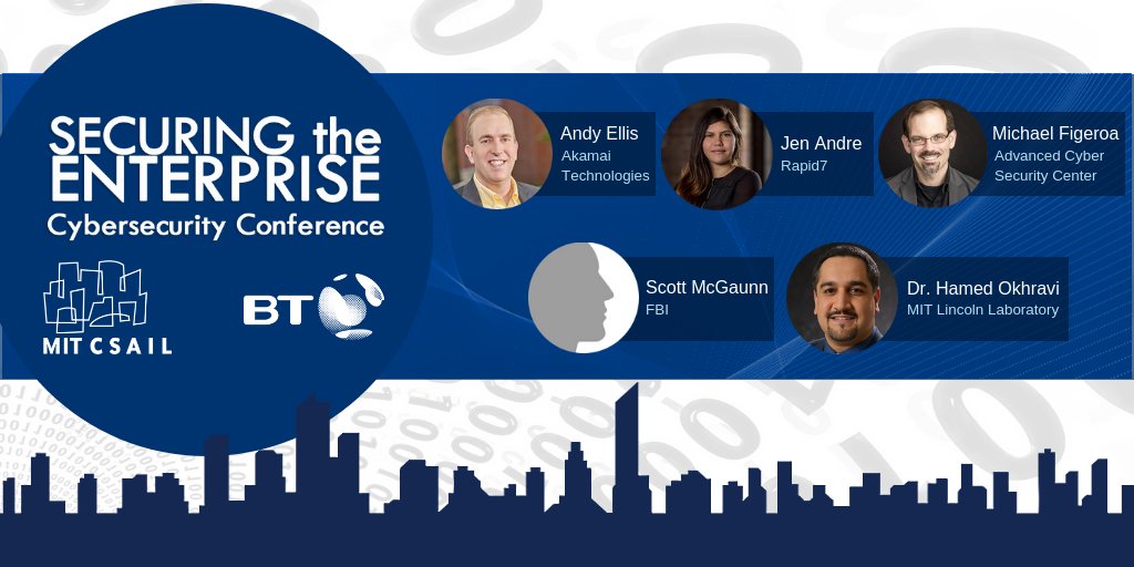 csail_alliances's tweet photo. Examine the current state of the #cyber threat landscape and identify key trends w/speakers from @Akamai, @ACSCorg, @FBI, @rapid7, and @MITLL at the Securing the Enterprise conference on Oct 31 w/@MIT_CSAIL and @bt_global! https://t.co/Itaq2N8wia #SecuringEnterprise #NCSAM https://t.co/3N5FjvxQHh