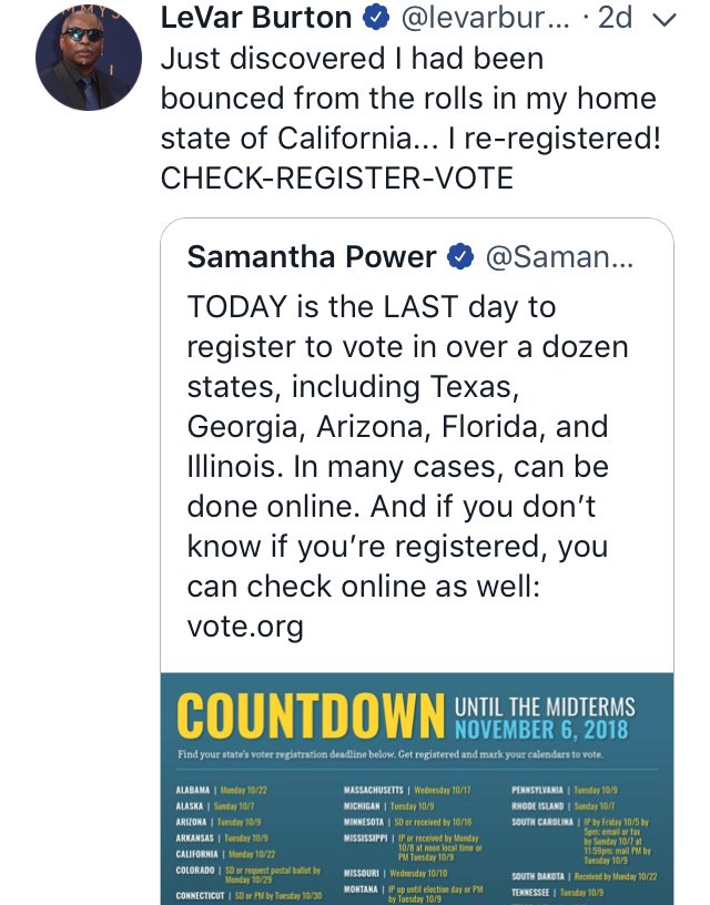 alt_fda's tweet photo. #DallasThoughts
Voter purges are happening across the nation to everyone regardless of political leaning. Be like @levarburton check your status here: https://t.co/mLKVyLqtPy
#RegisterToVote
#YouCanChangeThis https://t.co/oOjtkpN2W8