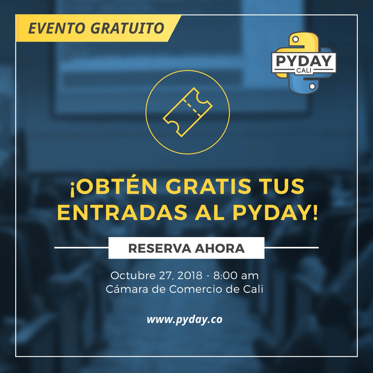 calidevco's tweet image. Ya están disponibles las entradas para el #PyDay en #Cali. Recuerda que nuestro evento es gratuito ¡Reserva ahora! 👉 buff.ly/2yd5obc 😉 Llevar tu entrada hará el proceso de registro más rápido #TicketCode