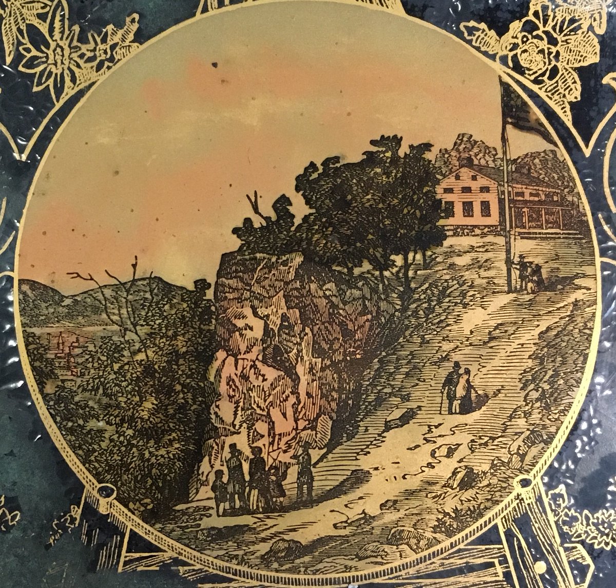 nawccmuseum's tweet photo. We're trying to identify the painting on this door from an OG clock. The painting appears to be a section from a lithograph depicting a famous rock formation. Does anyone have any ideas? #referencequestion #Reference #reverseglass #librarylife https://t.co/xv8Ej13CX4