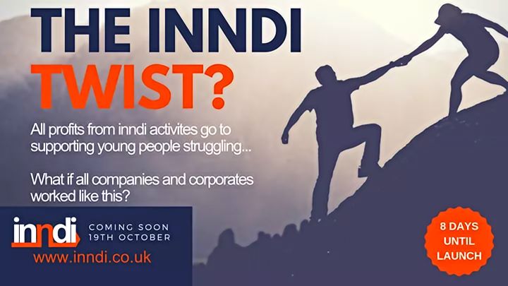 8 Days until Launch 
THE INNDI TWIST? 
All profits from inndi activites go to supporting young people struggling...  

What if all companies and corporates worked like this?

#cause #4change #nfp #notforprofit #socent #changemakers  #socialenterpriseUK  #WorldMentalHealthDay