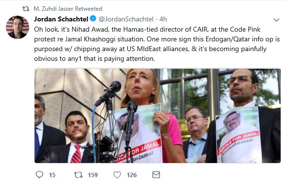 CAIRNational's tweet photo. Islamophobia Network puppet Dr Zuhdi "Distributor of Anti-Prophet Muhammad Cartoon" Jasser @DrZuhdiJasser retweets conspiracy theory that possible #KSA murder of #JamalKhashoggi was a "Erdogan/Qatar info op" after participating in #blasphemyday &amp; expressing support for @SebGorka. https://t.co/Yn6r4PzXCM