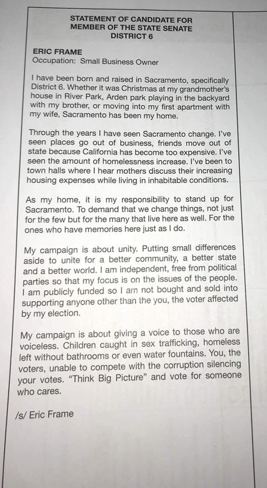SenatorFrame's tweet photo. Here is my candidate statement. Sacramento is my home and I am honored to be a voice in the community.
Please share my statement far and wide!
#Frame4senate #candidatestatement #independent #corporatefree #grassroots https://t.co/vq89uwrGIa
